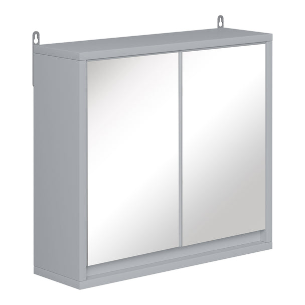 Grey wall-mounted bathroom mirror cabinet with two mirrored doors