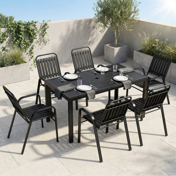 Outsunny 7 Pieces Outdoor Dining Set with Umbrella Hole, Garden Table and Chairs Set for 6 with Metal Table and – view 2
