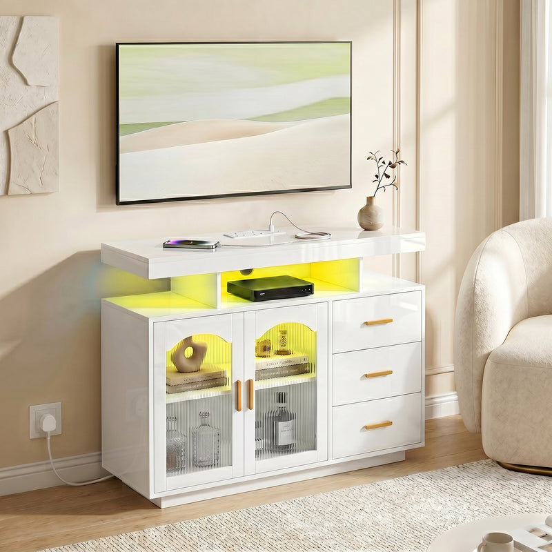 HOMCOM High Gloss Sideboard with LED Lights, Built-in Power Outlets, 3 Drawers, Shelves and 2 Acrylic Doors, White – view 8