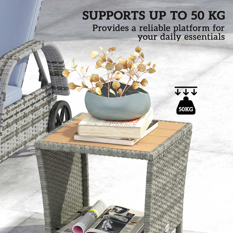 Outsunny Side Table 2-Tier Outdoor Coffee Table with Storage Shelf PS Wood Slat Top/Light Grey – view 6