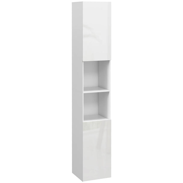 Tall high gloss white bathroom cabinet with top and bottom cupboards and two open shelves