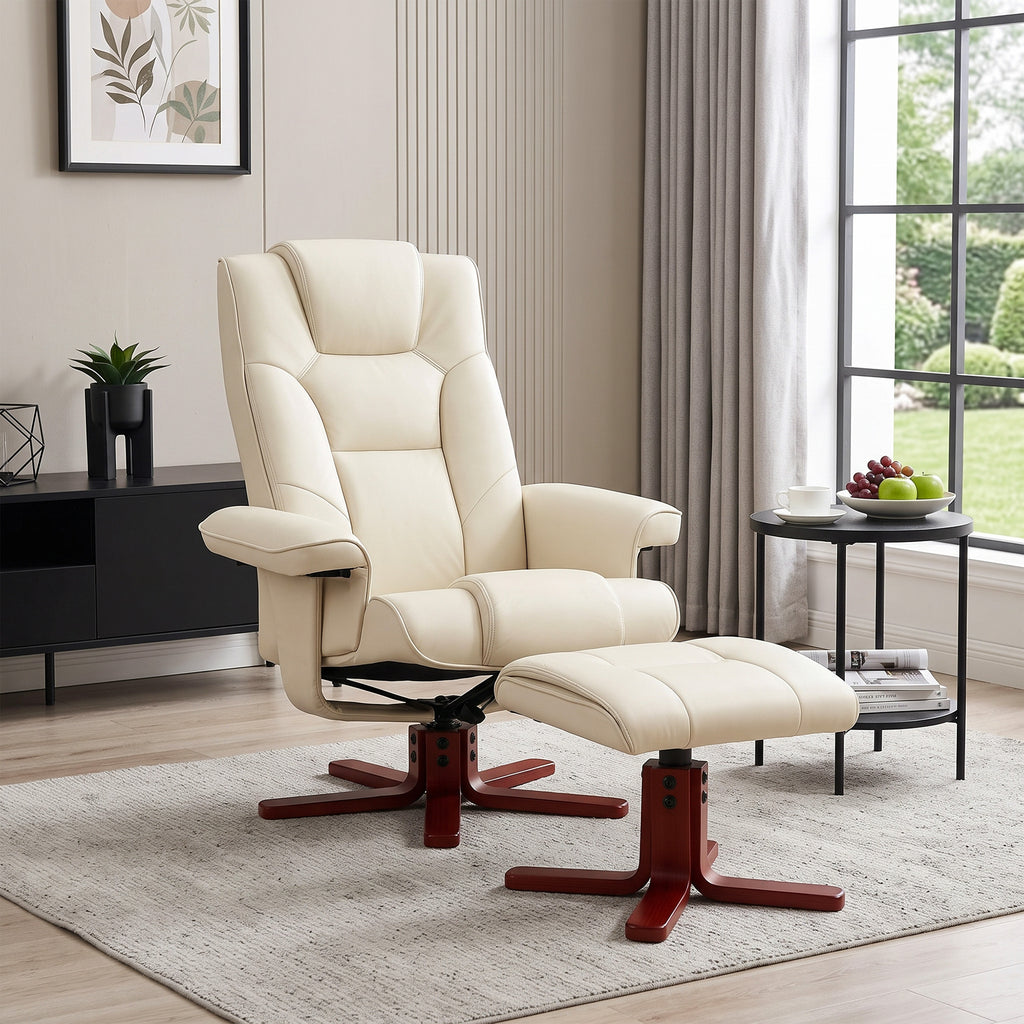 Faux Leather Manual Recliner and Footstool Set - Cream White