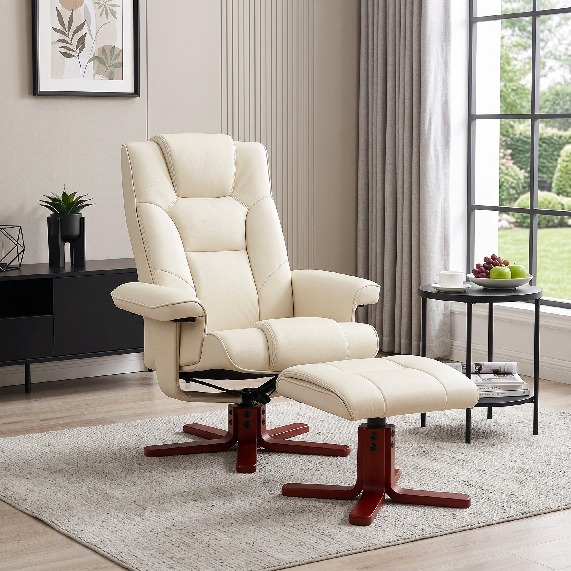 Faux Leather Manual Recliner and Footstool Set - Cream White