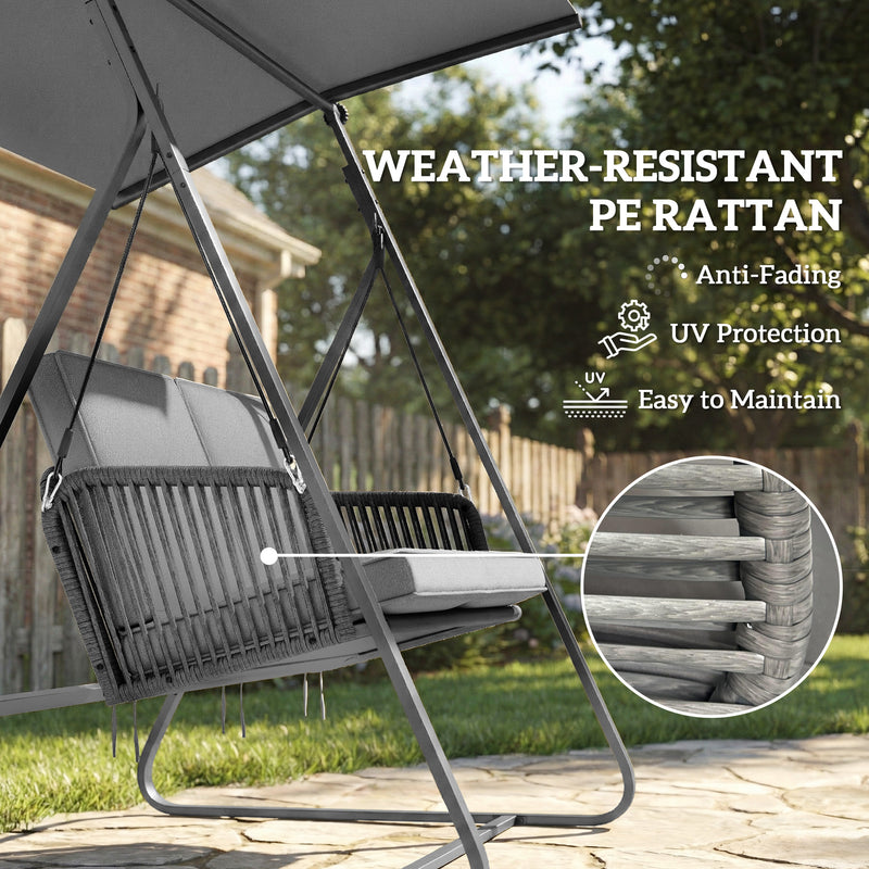 Outsunny 2-Seater Rattan Swing Chair, Outdoor Garden Hanging Swing Seat with Stand, Adjustable Canopy and Soft Cushions – view 9