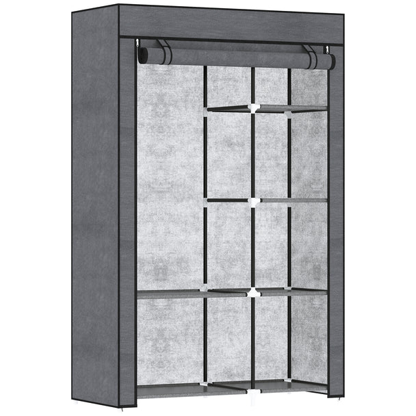 Dark grey fabric wardrobe with roll-up door, hanging rail and six shelves on a steel frame