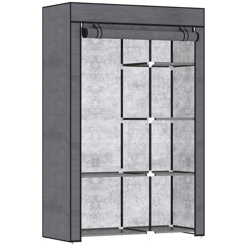 Dark grey fabric wardrobe with roll-up door, hanging rail and six shelves on a steel frame