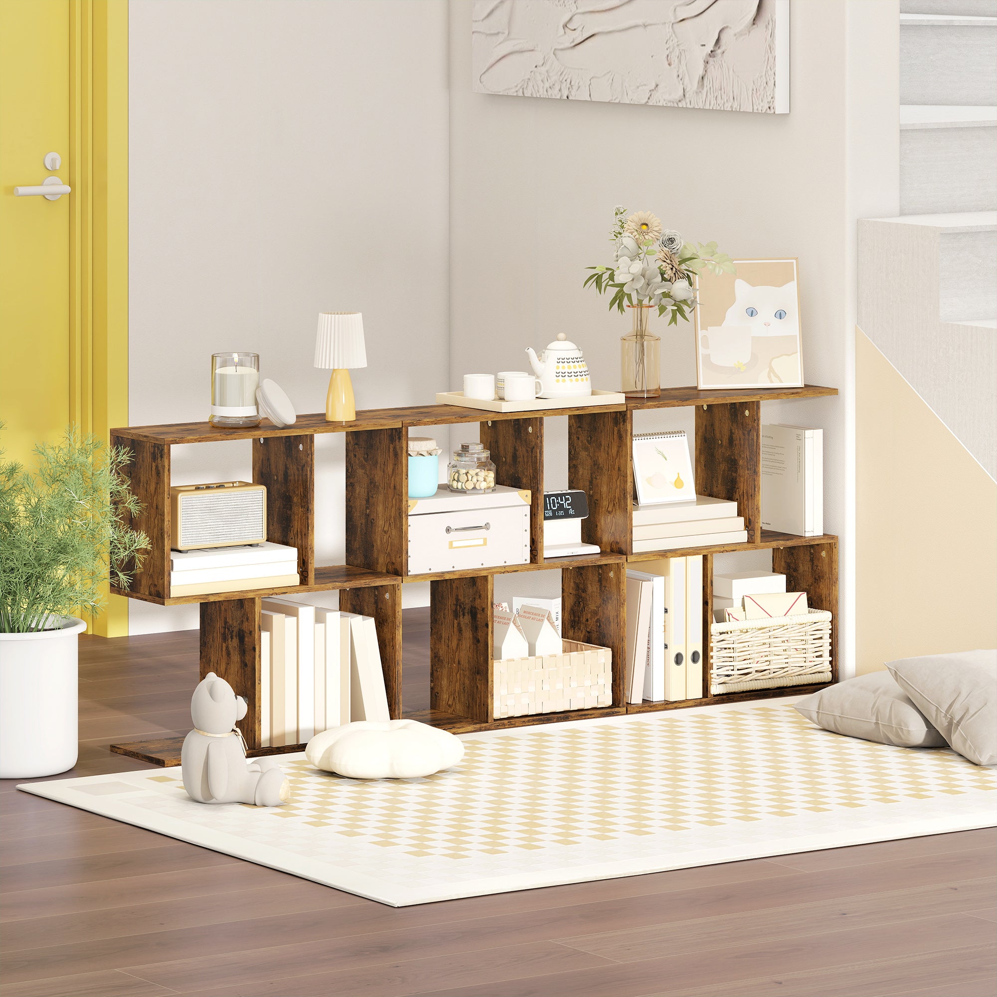 Side Table, Narrow End Table with Storage Shelves, S-Shaped, 3-Tier, 50W x 19.5D x 58H cm, Rustic Brown