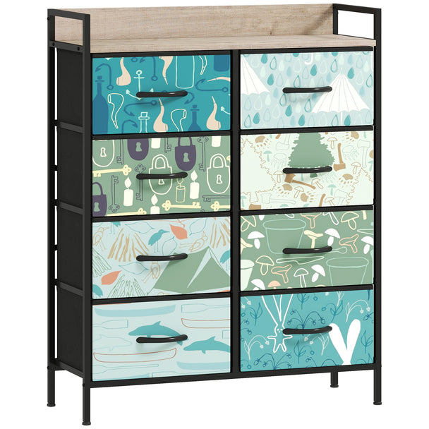 Blue 8-drawer fabric chest of drawers with patterned drawer fronts, steel frame and wood-effect top