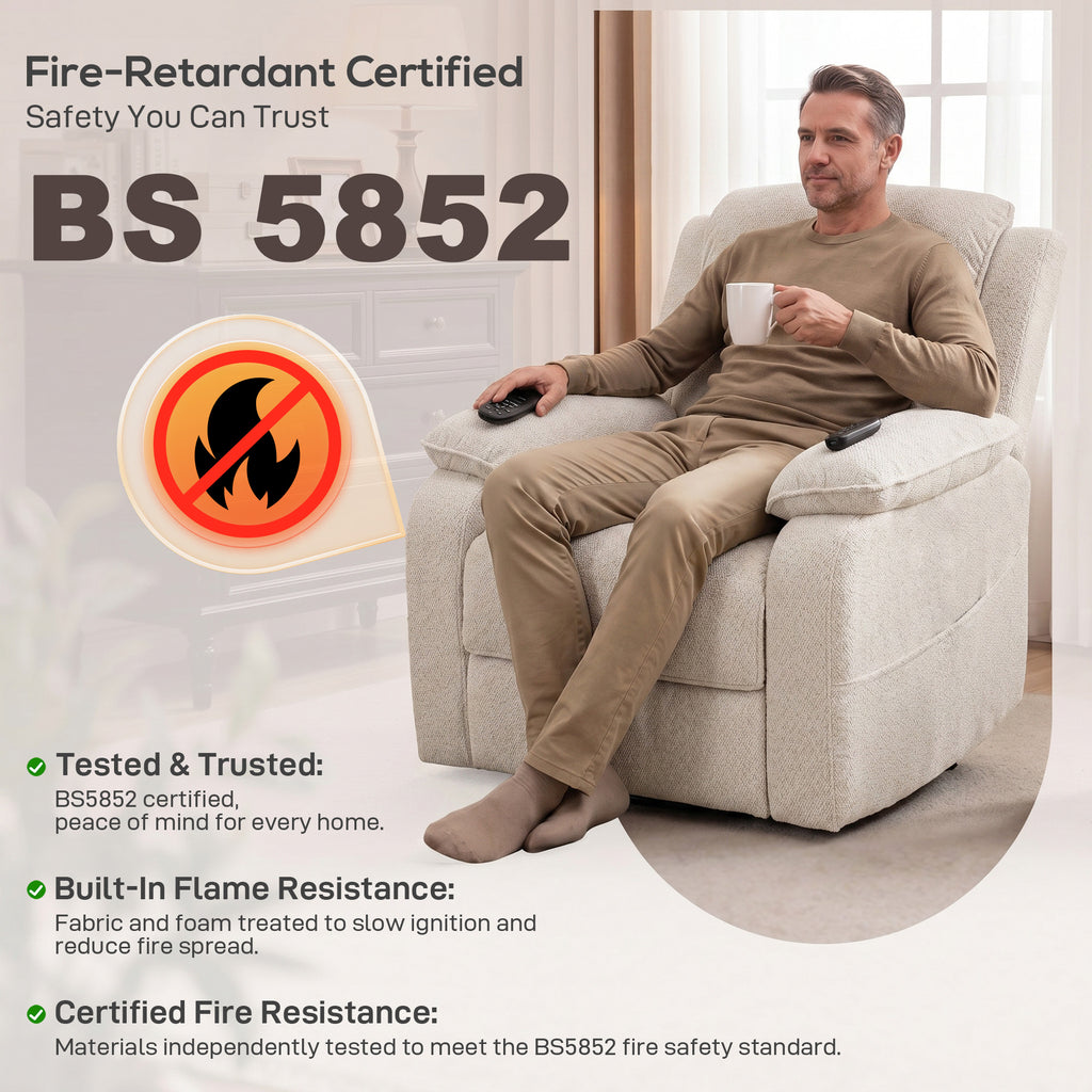 Power Recliner Armchair with Massage and Heat, Electric Reclining Chair with Wide Spring Seat, Cream White