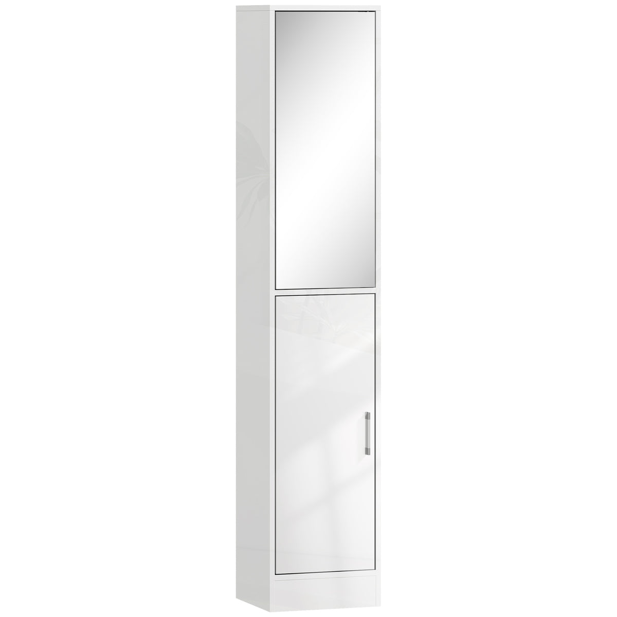 Tall high-gloss white bathroom cabinet with mirrored top door and lower cupboard