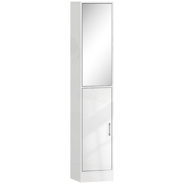 Tall high-gloss white bathroom cabinet with mirrored top door and lower cupboard