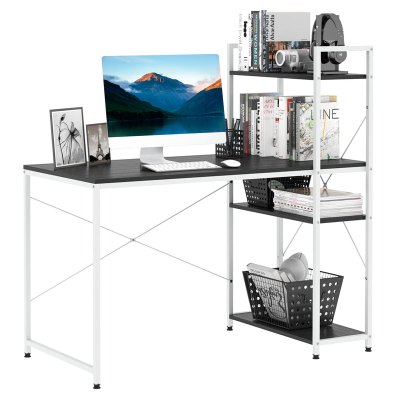 Black and white industrial computer desk with 4-tier side bookshelf and X-braced steel frame