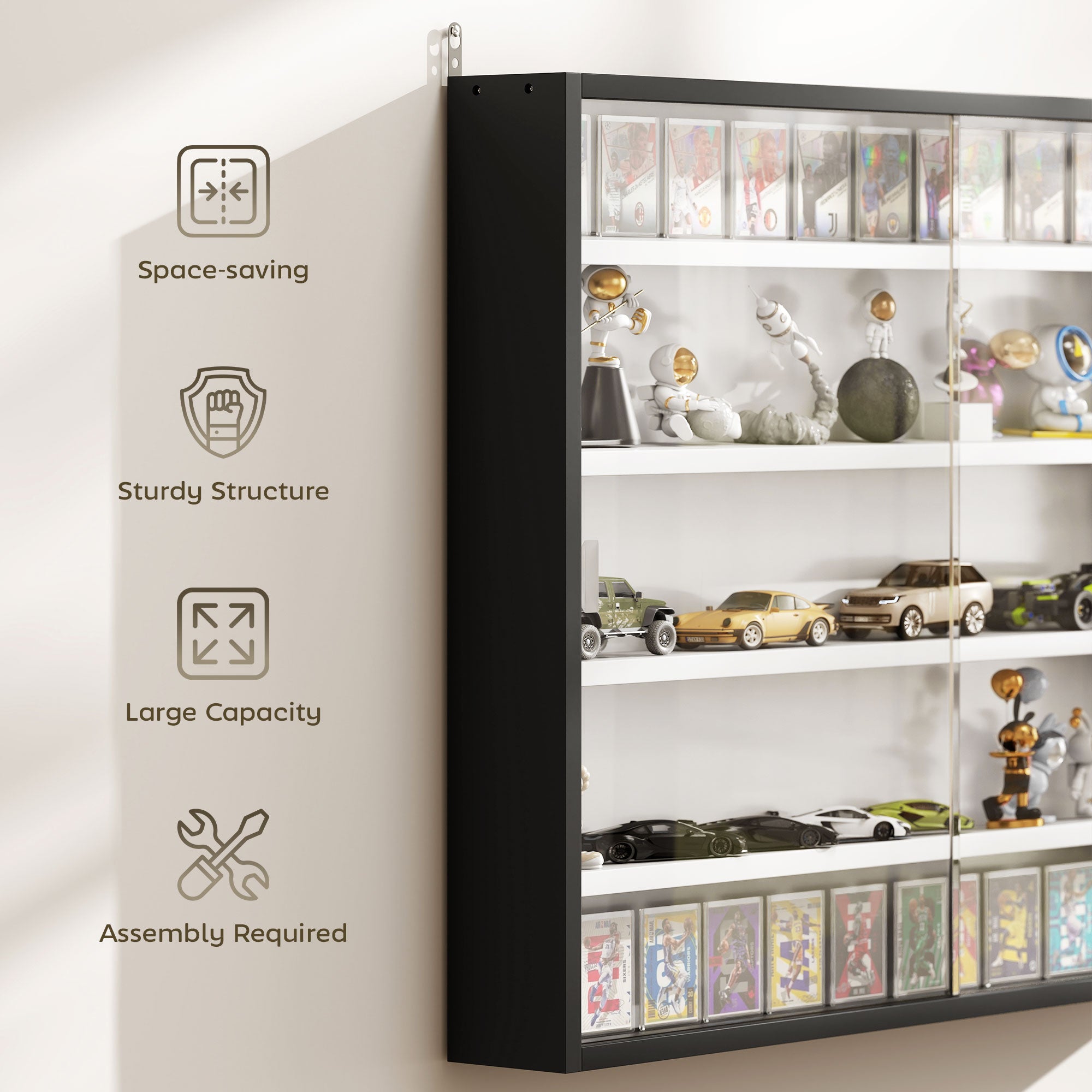 5-Tier Wall Display Cabinet,  Wall Mounted Display Case w/ 4 Adjustable Shelves, Glass Doors, 60x80cm, Black and White