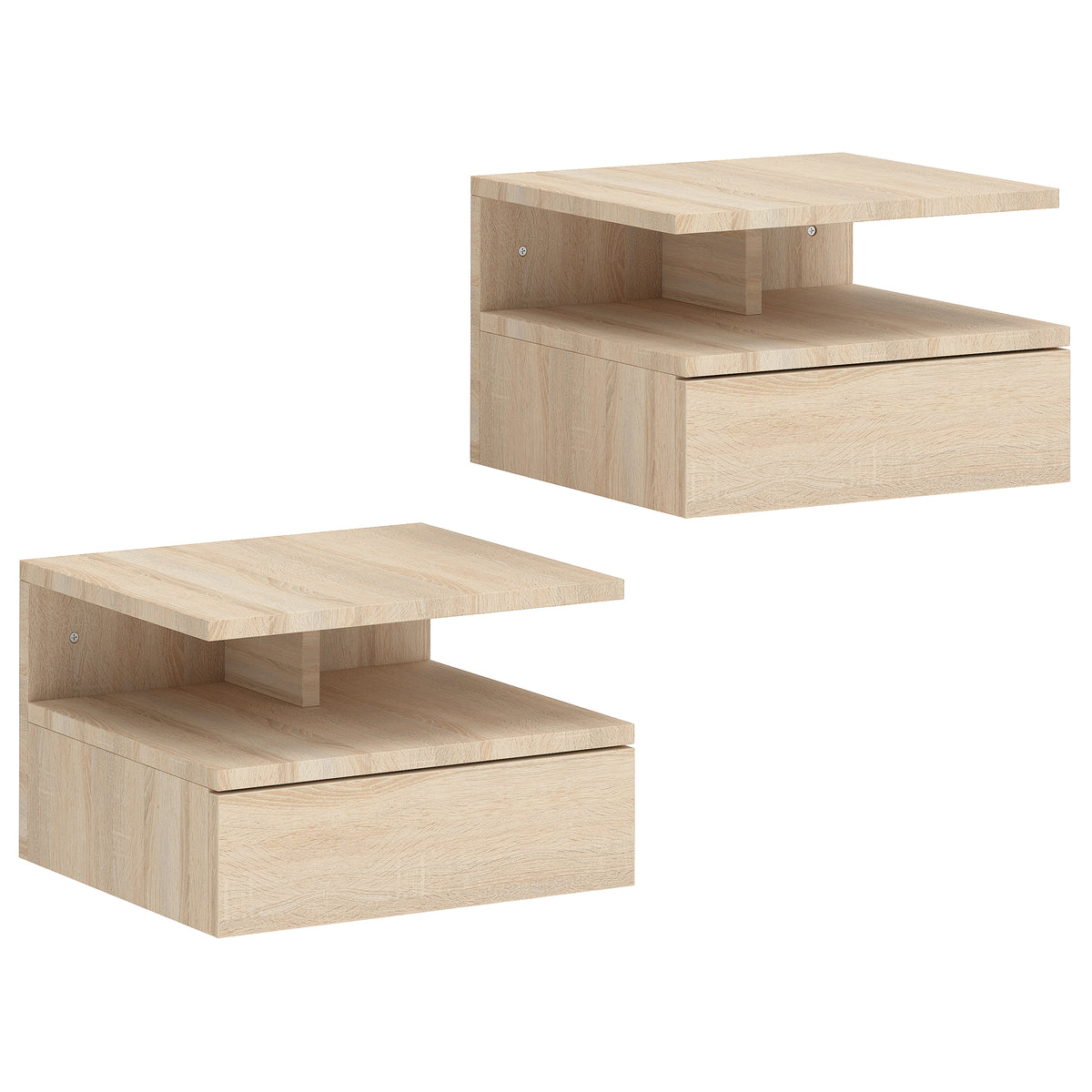 Two oak-tone floating bedside tables with drawer and open shelf