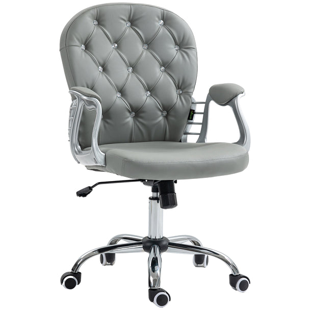 Grey faux leather home office chair with diamante button tufting, padded arms and swivel wheels