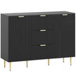 Black 120 cm fluted sideboard with three drawers, two cupboards, gold-tone handles and metal legs