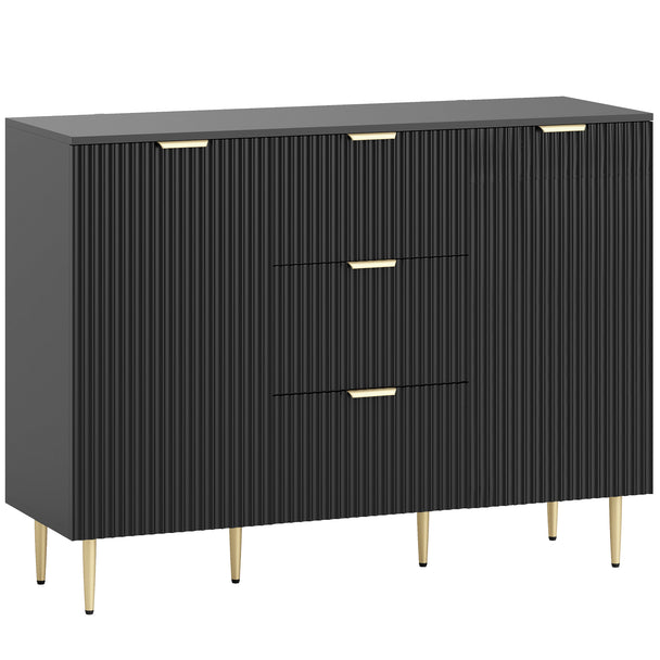 Black 120 cm fluted sideboard with three drawers, two cupboards, gold-tone handles and metal legs