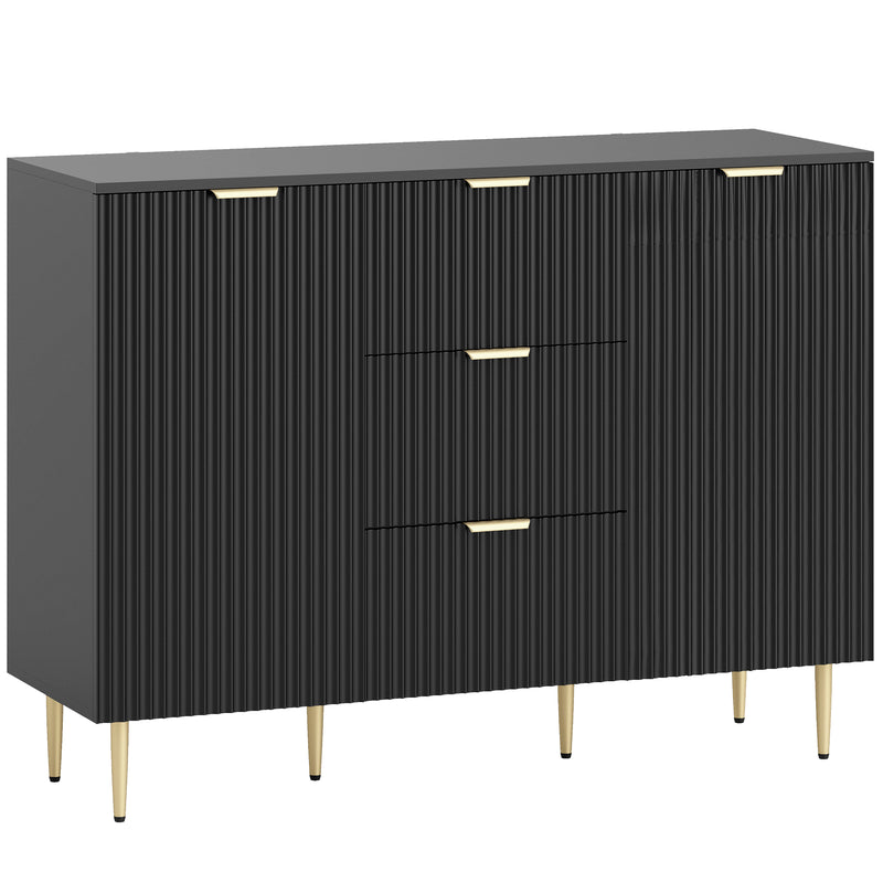 Black 120 cm fluted sideboard with three drawers, two cupboards, gold-tone handles and metal legs