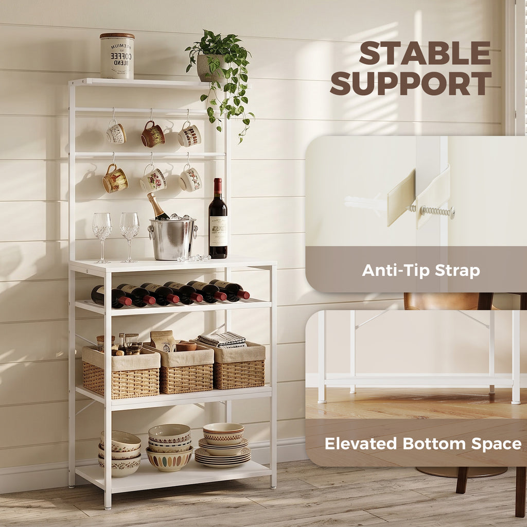 Freestanding Shelving Unit, Industrial Storage Shelf with 6 Hooks and Wine Rack for Living Room, Home Office, White