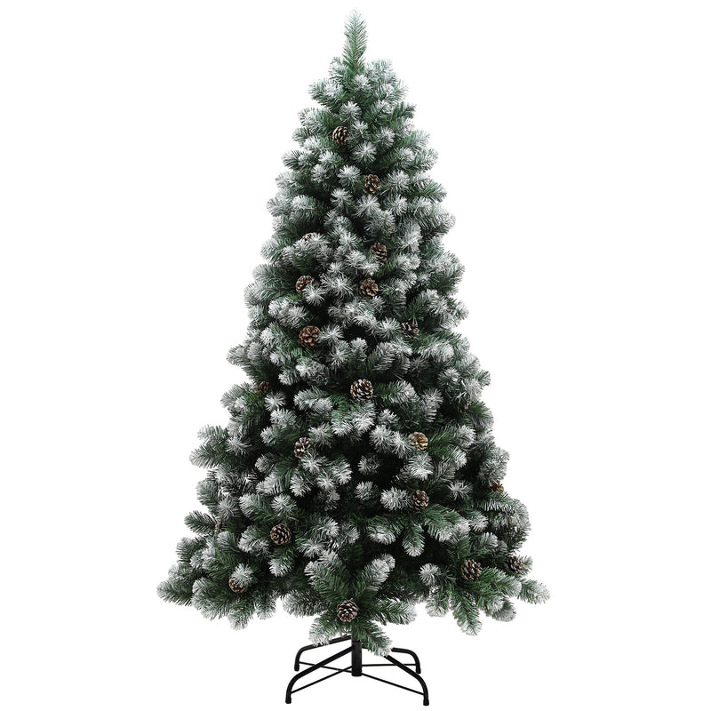 6ft bushy artificial winter pine Christmas tree with snowy tips and pine cones