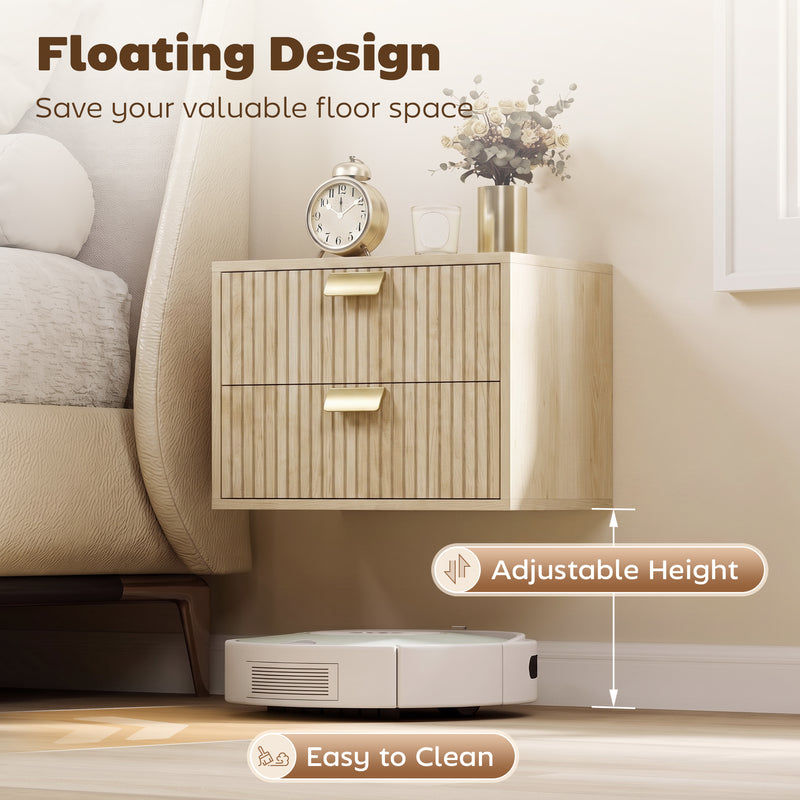 HOMCOM Modern Floating Nightstands Set of 2, Wall Mounted Bedside Tables with 2 Drawers, Oak – view 4