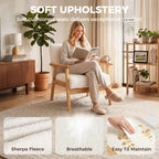 Modern Armchair, Sherpa Fleece Upholstered Accent Chair with Solid Wood Legs and Wide Seat, Cream White