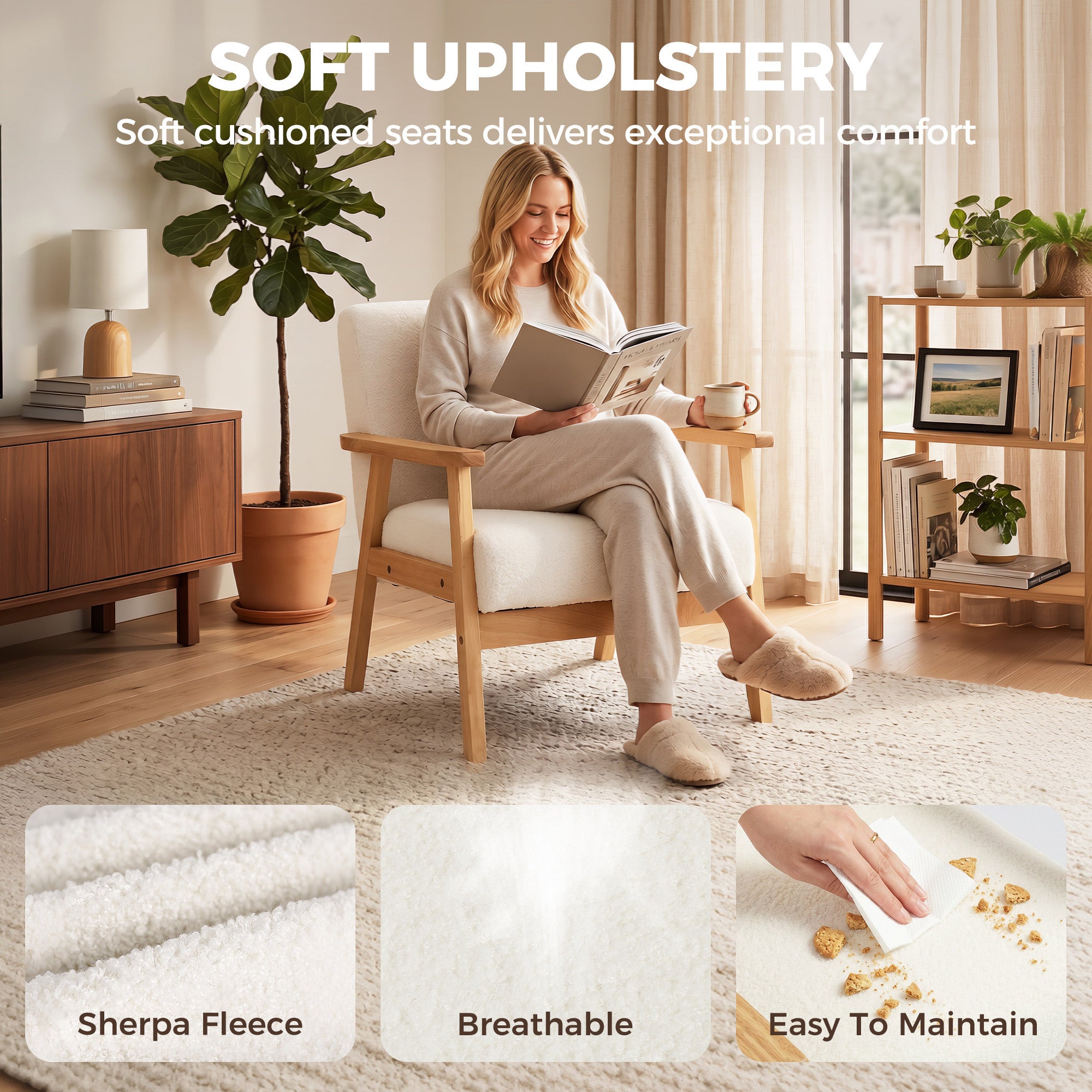 Modern Armchair, Sherpa Fleece Upholstered Accent Chair with Solid Wood Legs and Wide Seat, Cream White