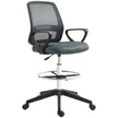 Grey mesh draughtsman chair with tall gas lift, ring footrest, armrests and castor wheels