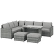 Grey L-shaped rattan corner sofa set with three two-seater sofas, footstools and glass dining table