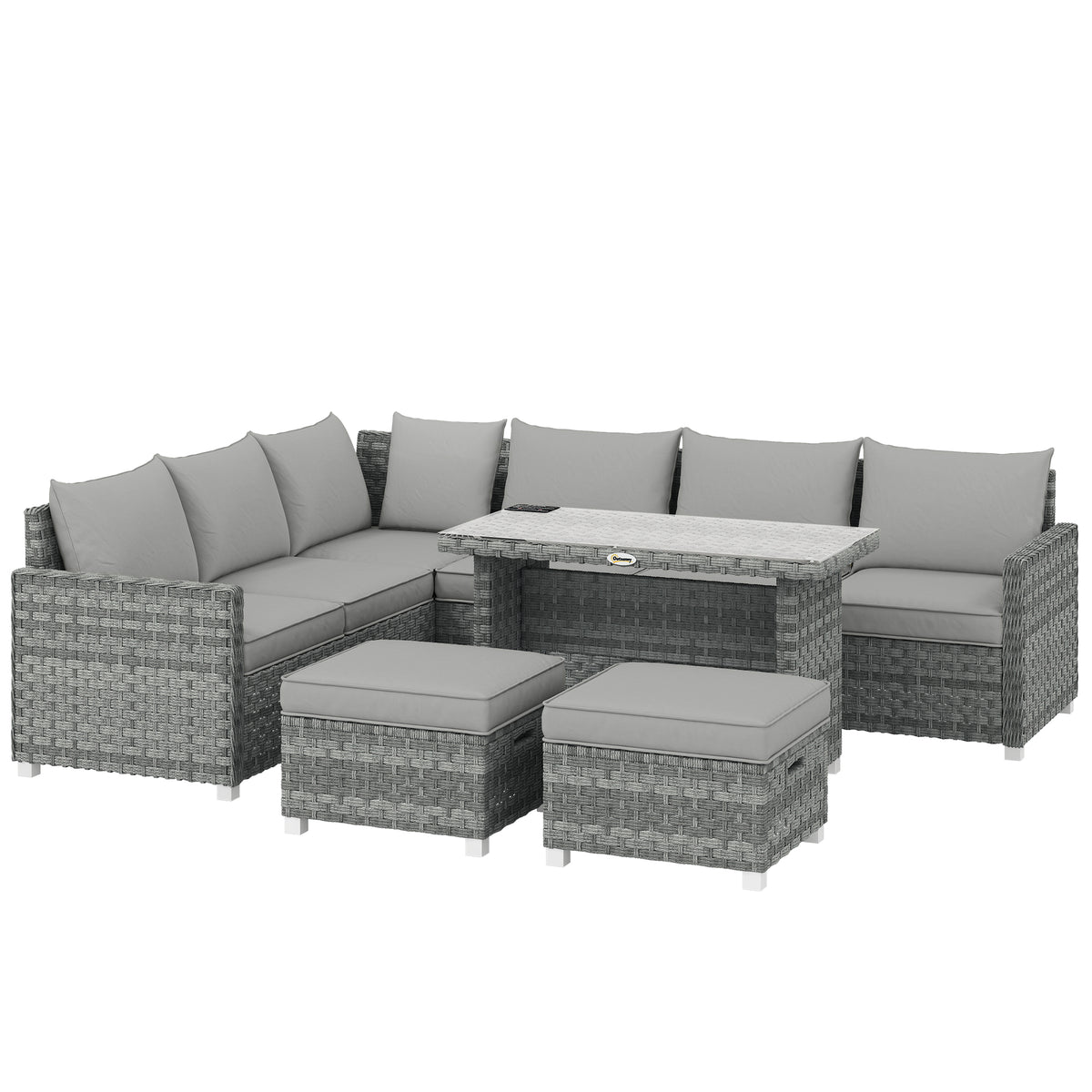 Grey L-shaped rattan corner sofa set with three two-seater sofas, footstools and glass dining table