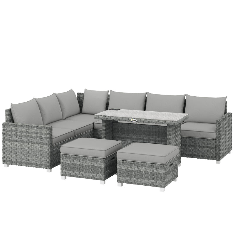Grey L-shaped rattan corner sofa set with three two-seater sofas, footstools and glass dining table