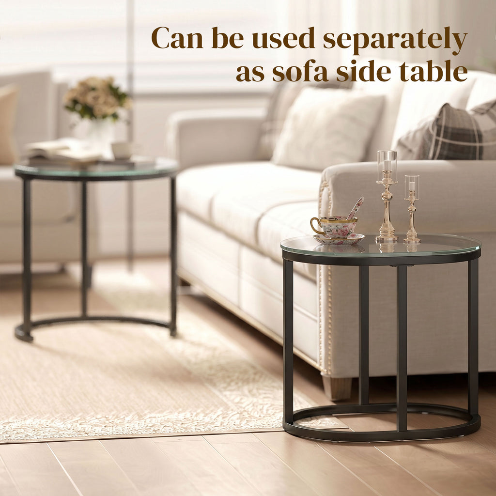 Nest of Tables with Steel Frame and Tempered Glass Tabletop, Modern Coffee Table Set of 2, Black