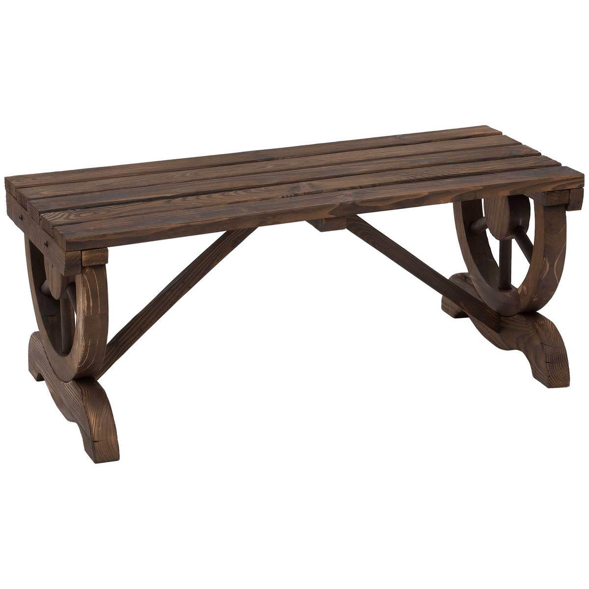 Brown backless fir wood garden bench with wagon wheel ends