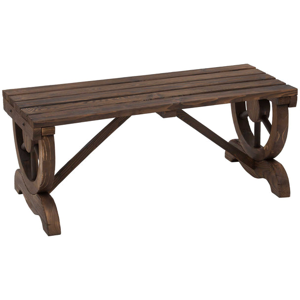 Brown backless fir wood garden bench with wagon wheel ends