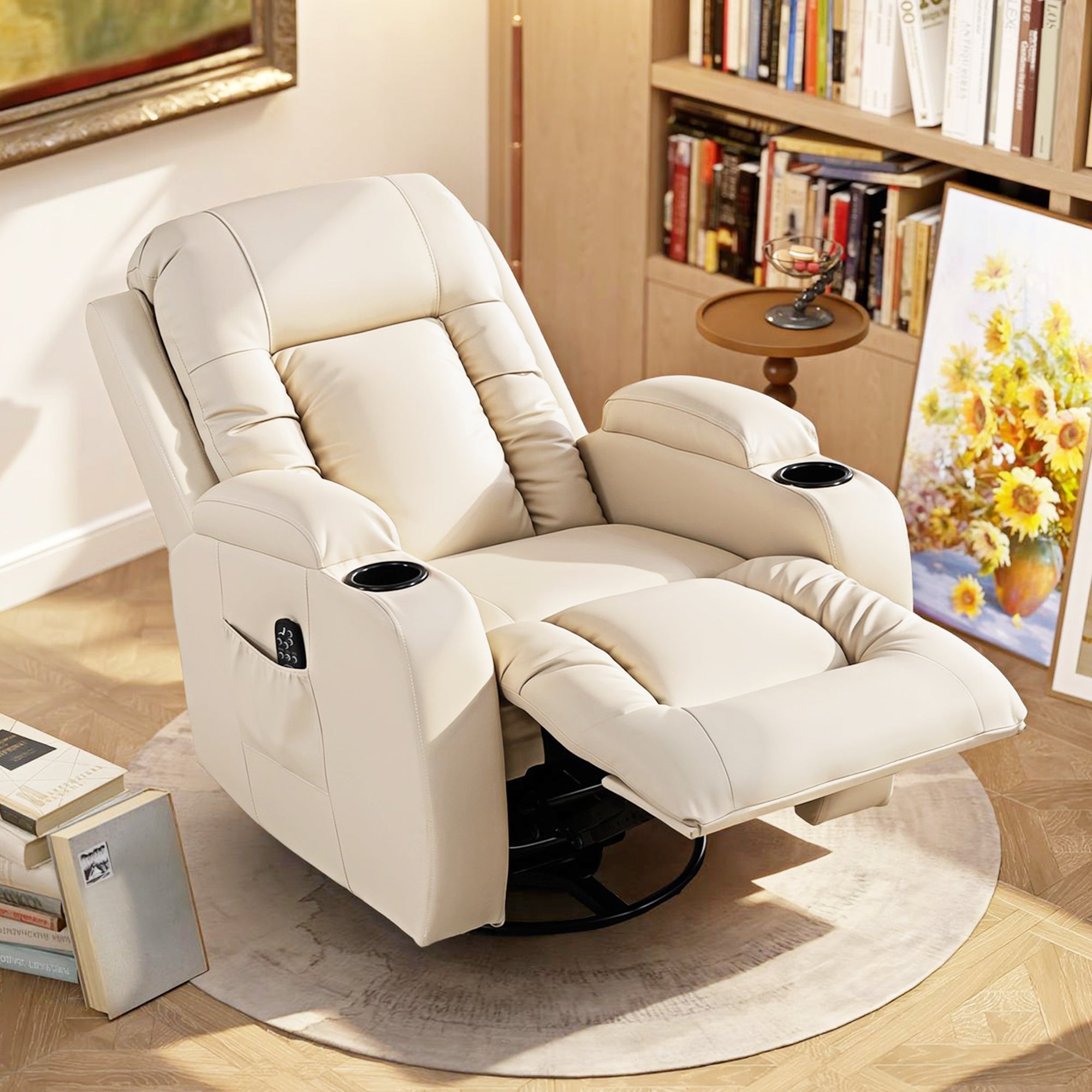 PU Leather Recliner Chair, Recliner Armchair with Extended Footrest, Cup Holders and Side Pockets, Cream