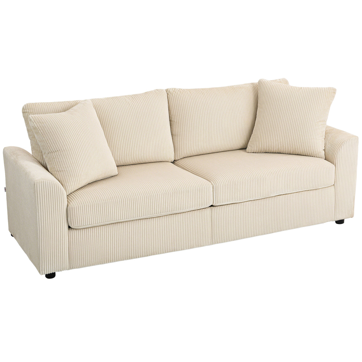 212 cm Corduroy 3-Seater Sofa with Pocket Springs & Pillows – Cream