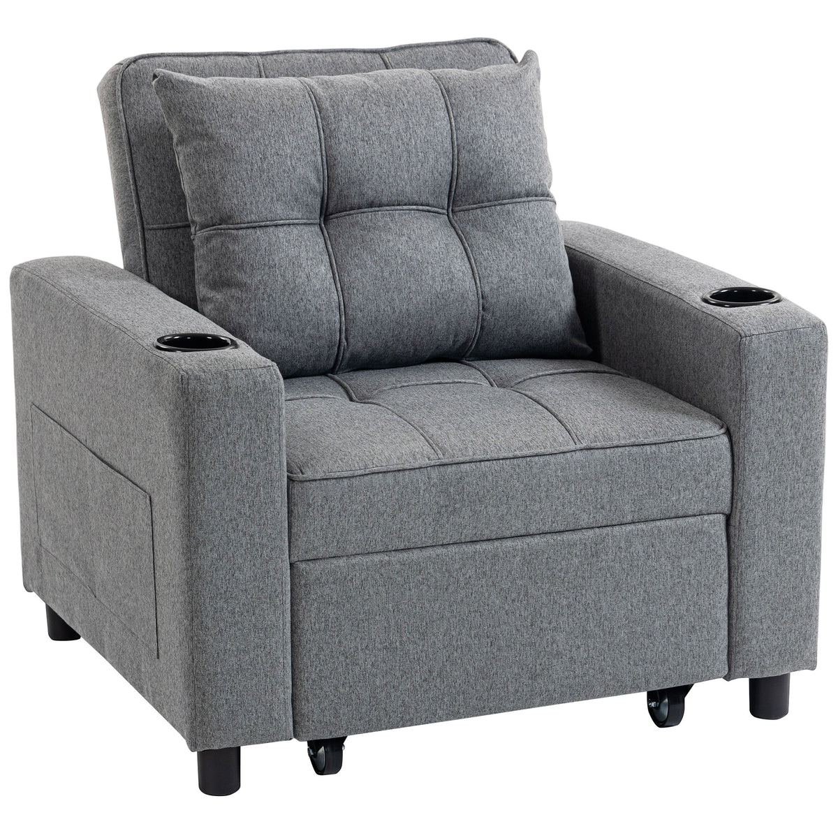3-in-1 Single Sofa Bed with Cup Holders & Side Pockets – Dark Grey