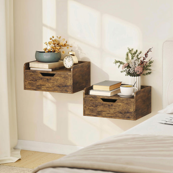 HOMCOM Floating Nightstands Set of 2, Wall Mounted Bedside Table with Drawer for Bedroom, Rustic Brown – view 2