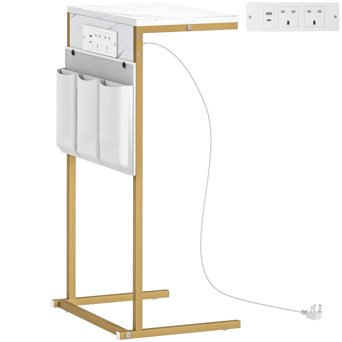 C-Shaped Bedside Table with Charging Station & Storage Bags – White