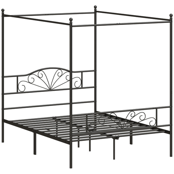 Black 5ft king metal four-poster canopy bed frame with patterned headboard