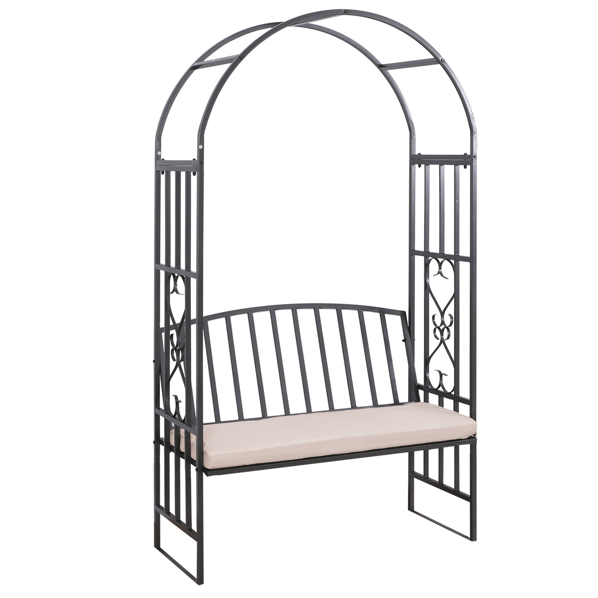 Dark grey metal arbour bench with tall arch, heart side detailing and beige seat cushion