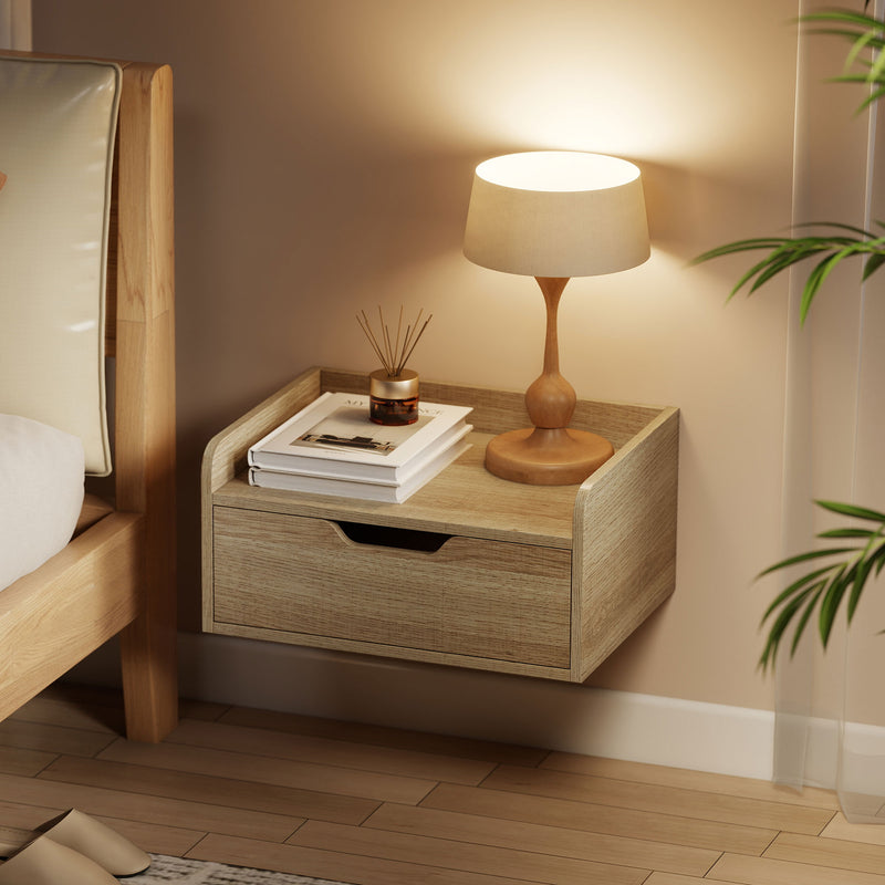 HOMCOM Floating Nightstands Set of 2, Wall Mounted Bedside Table with Drawer for Bedroom, Natural Wood – view 9