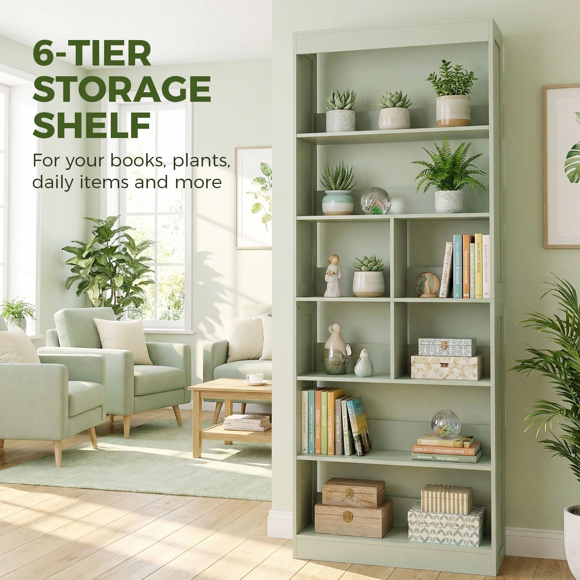 Bookcase, 6-Tier Bookshelf with Open Storage Shelves, Cubes, 180 cm Tall Display Shelf with Anti-Tipping Design, Green