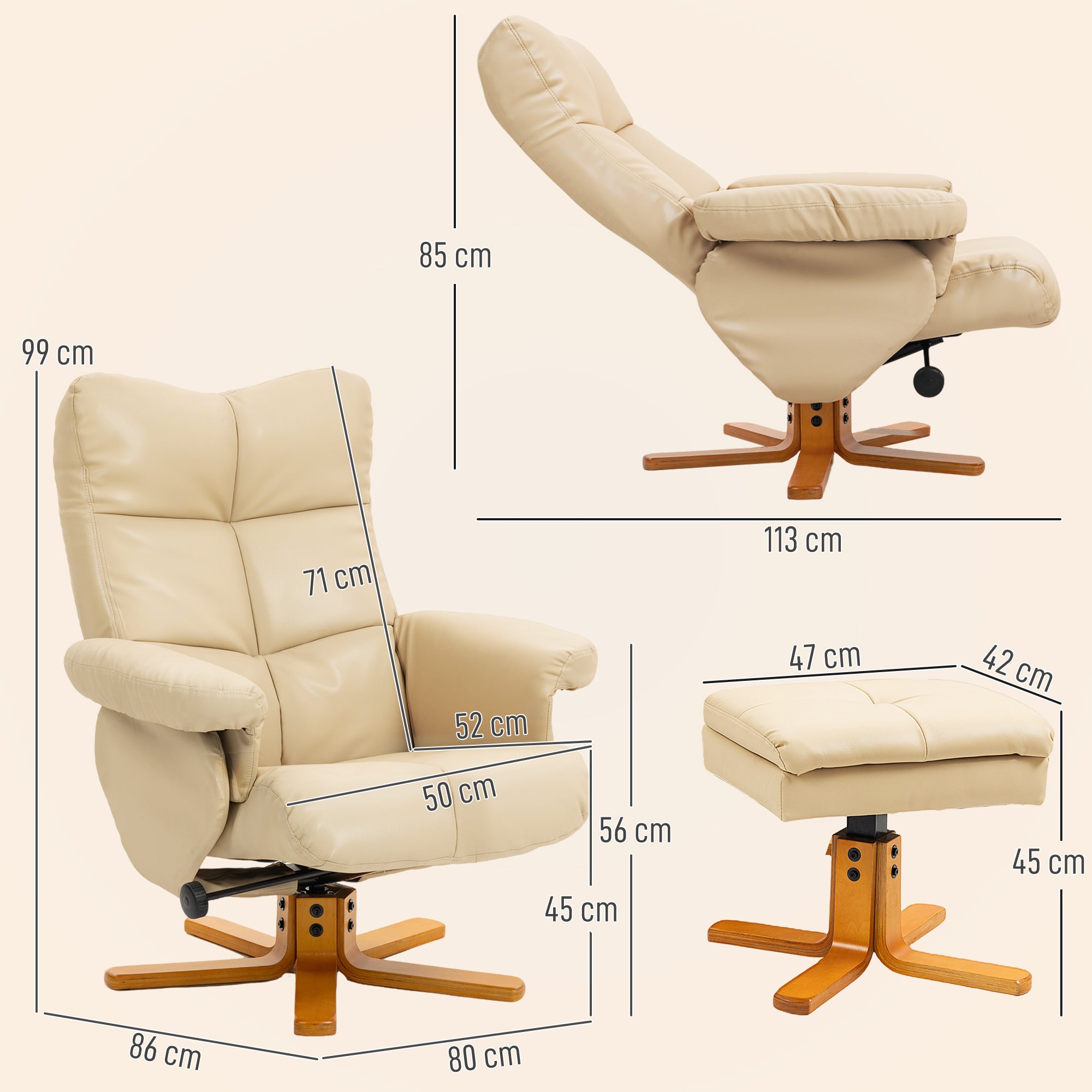 PU Leather Swivel Recliner Chair with Footstool, Wooden Base and Storage for Living Room, Beige