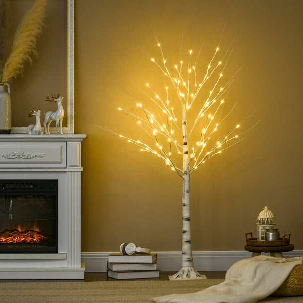 5ft Pre-Lit White Birch Tree illuminated in a room