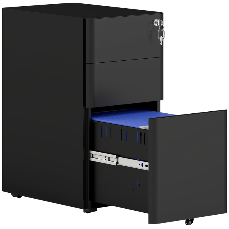 Black slim steel 3-drawer filing cabinet with handle-free fronts and top lock