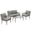 Light grey 4-piece rattan conversation set with wide loveseat, two armchairs and glass coffee table