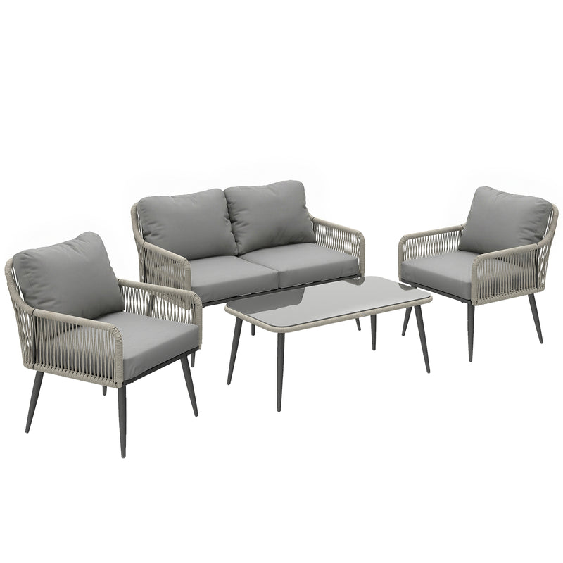 Light grey 4-piece rattan conversation set with wide loveseat, two armchairs and glass coffee table