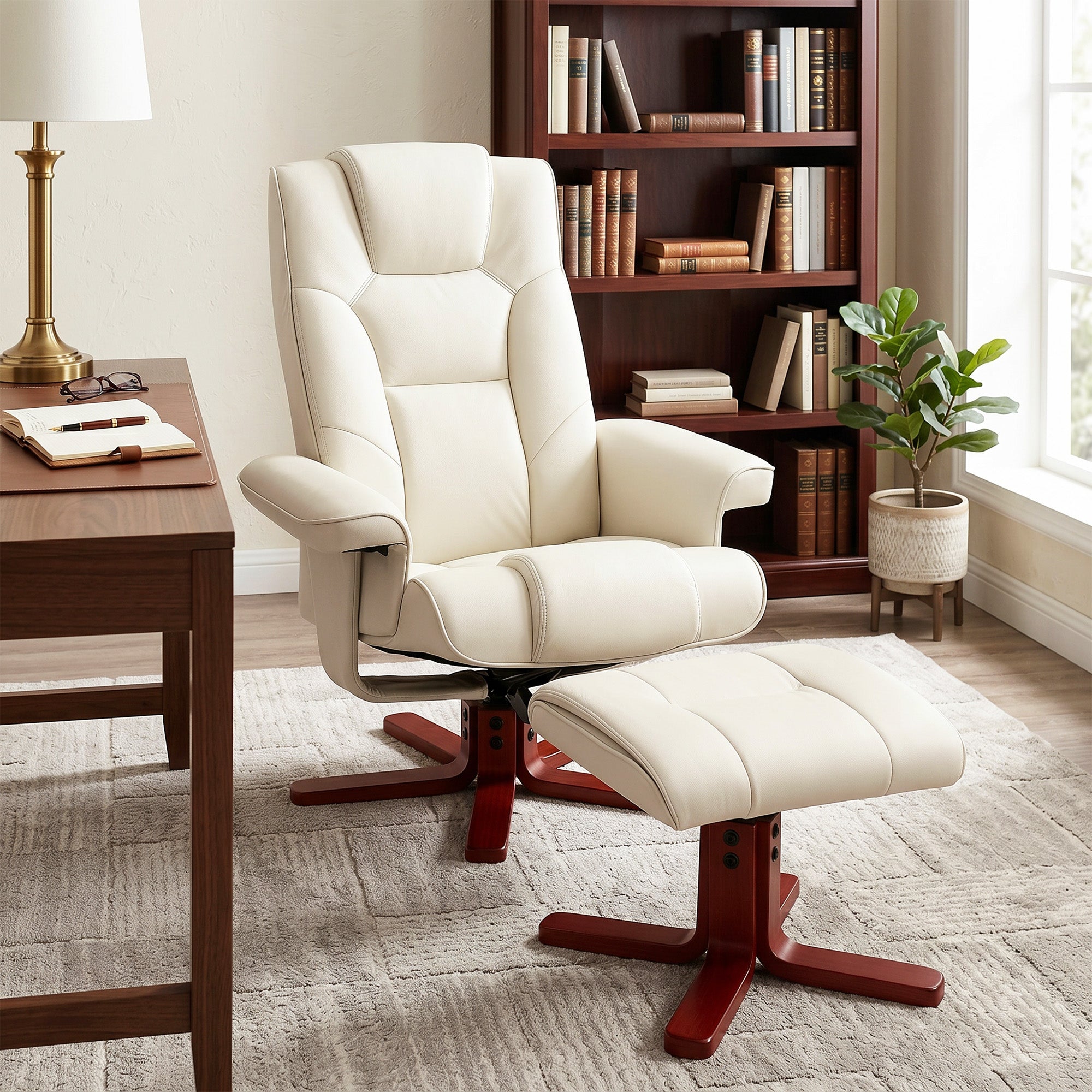 Faux Leather Manual Recliner and Footstool Set - Cream White