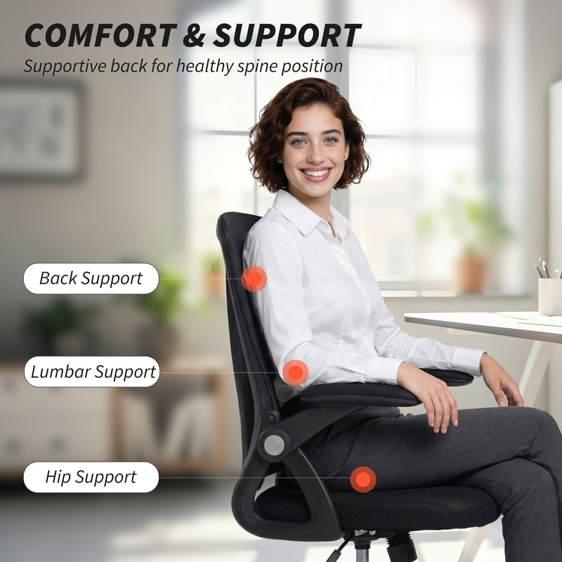 HOMCOM Office Chair, Mesh Desk Chair with Flip-up Armrests, Lumbar Support, Adjustable Height, Black – view 4